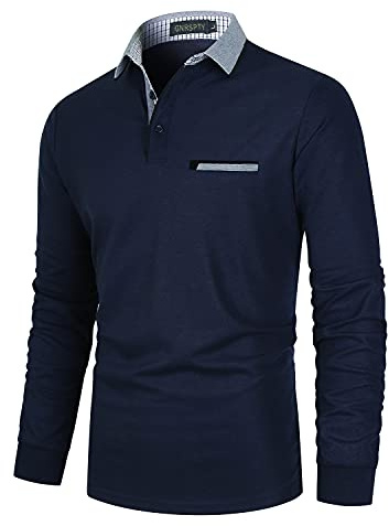 GNRSPTY Poloshirt Herren Langarm Baumwolle Basic Polo Shirts Männer Slim Fit Polohemd Golf T-Shirt,Blau 1,XL