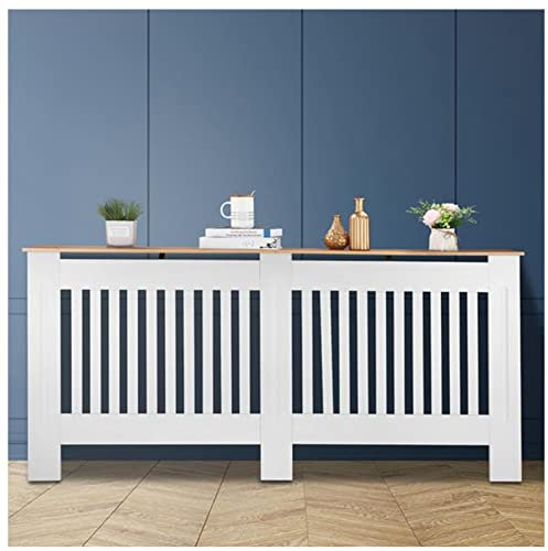 GJXJY Radiator Covers White Medium with Oak Top, Storage Heater Covers, Mdf White Painted Radiator Cover Wooden Cabinet Shelving Display Vertical Slats Radiator Shelf 112L X 19W X 82H cm