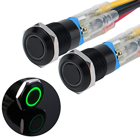 JIQI 2× 12mm Verrieglung Druckschalter 12V bis 24V 2A wasserdicht selbsthaltend schwarz Druckknopfschalter aus Metall LED Beleuchtet Latch EIN/AUS Schalter mit IP66 1NO für Motorrad Boot LKW RV (Grün)