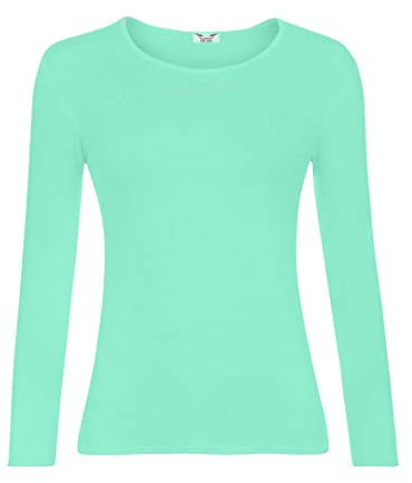 KATSSI Women’s Ladies Long Sleeve Stretch Plain Round Scoop Neck T Shirt Top SM Mint Green