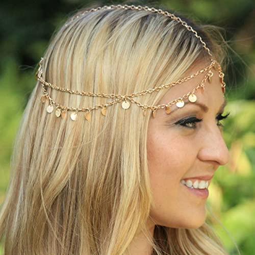 Wendalern Boho Geschichtet Pailletten Kopfschmuck Quaste Anhänger Kopfkette Gold Stirn Zigeuner Kopfschmuck Festival Halloween Prom Kostüm Haarschmuck Für Frauen Mädchen