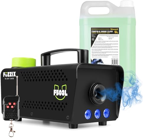 Fuzzix F503L Party Fog Machine with RGB LED Lights, Wireless Remote & 5L Eco Green Smoke Fluid – Small Disco Fogger for Parties, DJs & Halloween Events