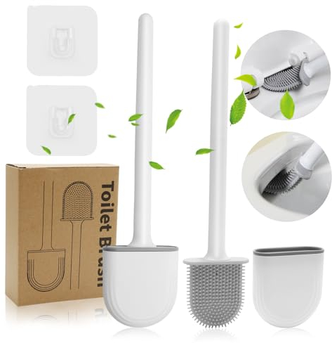 Silicone Toilet Brush, 2 Pack Toilet Brushes & Holders Loo Bathroom Flat Flexible Toilet Brush Dripless Wall Mounted Toilet Cleaner Brush Pliable Bristles for Corners Cleaning (Grey White)