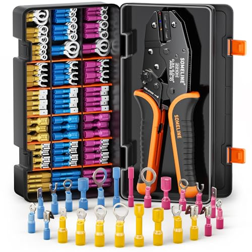 SOMELINE Kit d'outils à sertir pour connecteur thermorétractable, pince à sertir à cliquet 22-10 AWG, avec 24 bornes de qualité marine, pince à sertir pour thermorétractable, connecteurs en nylon et