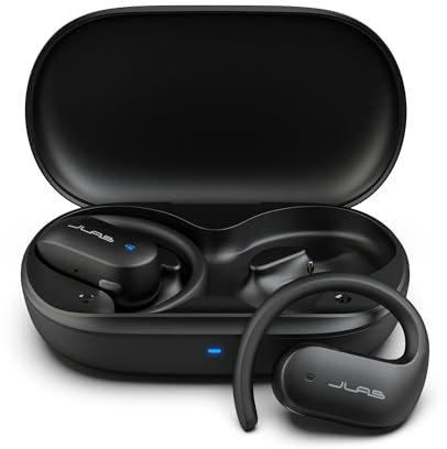 JLab JBuds Open Sport Kopfhörer – Kabellose Open-Ear Sportkopfhörer mit Ohrbügeln, 26 Std. Laufzeit, Bluetooth-Kopfhörer für Läufer und Jogger, IP55 Schweißresistent, Bluetooth Multipoint, Schwarz