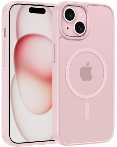 FNTCASE for iPhone 15 Case: for iPhone 14 Case & iPhone 13 Case [Compatible with Magsafe] Translucent Matte Cases with [Screen Protector] Military Grade Shockproof Protective Phone Cover - Light Pink