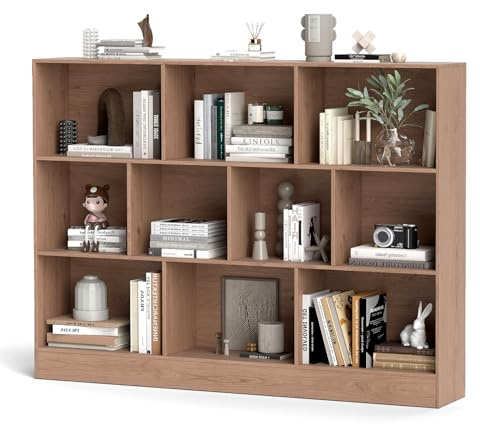 KOMFOTTEU Libreria Aperta con 10 Scomparti, Libreria a 3 Livelli con Dispositivo Antiribaltamento, Mobile di Stoccaggio, Scaffale per Soggiorno, Ufficio (Naturale, 140 x 24 x 104 cm)