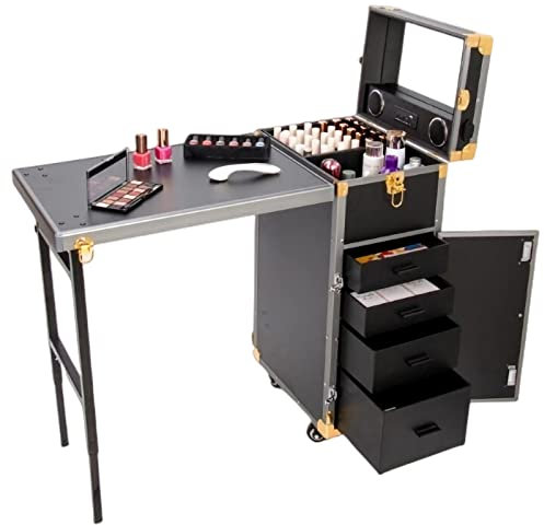 XUCS Foldable Nail Table, Portable Mobile Manicure Desk, Multi-function Pull Rod Makeup Table, With Storage, Worktable and Mirror, for Makeup Artist Technician Salon