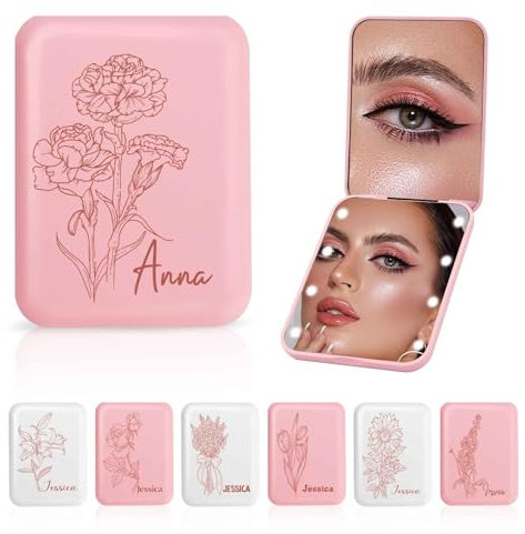 WALLFID Personalisierter LED Taschenspiegel Klappbar,Taschenspiegel Klappbar mit Beleuchtung Klein,Personalisierter Schminkspiegel mit 1X/2X Vergrößerung für Damen und Mädchen