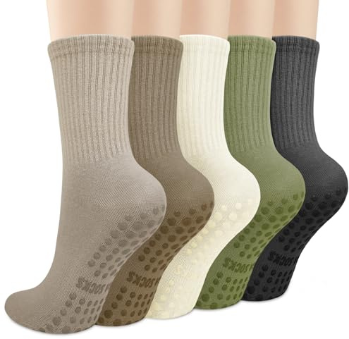 Tialfas 5 Pairs Pilates Socks with Grips Womens Soft Cotton Non Slip Yoga Socks for Reformer Ballet Barre Dance Gym Fitness Workout Trampoline Hospital Home