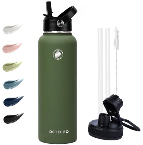 OcTecho Metal Water Bottle with Straw, 1200ml Stainless Steel Water Bottle 2 Leakproof Lids, BPA Free Double Walled Vacuum Insulated Water Bottle Thermal for 12h Hot & 24h Cold,for Travel-Olive Green