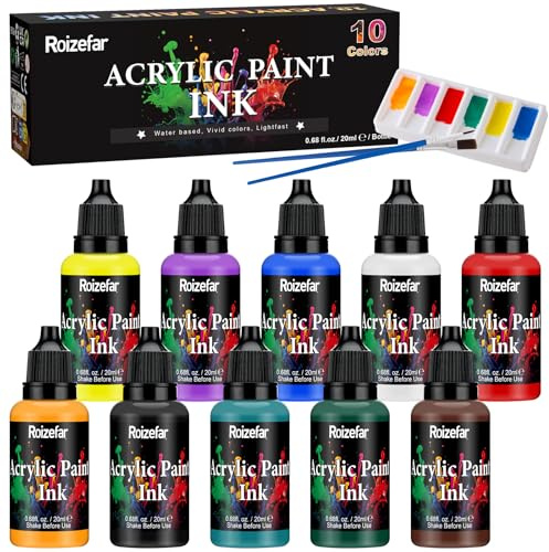 Roizefar Acryltusche Set mit 10 Farben (je 20 ml) mit 2 Pinseln und 1 Palette, Permanente Acryl-Künstlertusche für Anfänger, ideal für Anfänger, Erwachsene, Künstler