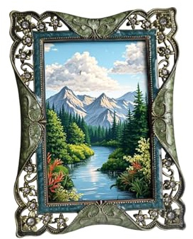 KINBENNOBLE green enamel picture frame, 5x7 vintage metal photo frame, anti-brass finish with green enamel.