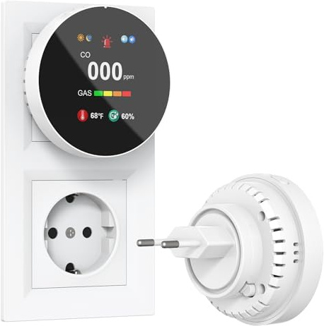 CHZHVAN 4-in-1 Rilevatore Gas e Monossido di Carbonio Plug-in, Allarme di CO con Regolazione Luminosità Schermo, Rivelatore di Naturale Gas, Bianco