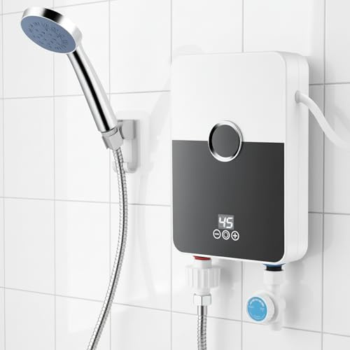 Eirolace Scaldabagno Istantaneo Elettrico 6000W con Doccetta, Mini Scaldacqua a Cascata con Touchscreen LED per Cucina e Bagno, Classe A, in Acciaio Inox