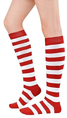 Fesnova Gestreifte Kniestrümpfe Kinder mit Rot Weiß,Reitsocken,Klassisches Streifenmuster,Knielang,für Karneval Kostümstrümpfe,Pippia Langstrumpf Kostüm Karnevalsparty,Karnevalsumzug,Joker