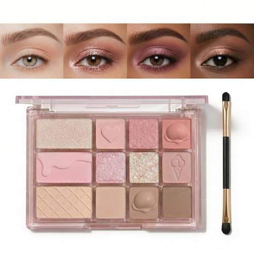 Sweet Dessert Pink Eyeshadow Palette with 12 Silky Shades Matte Shimmer Glitter Finishes - Versatile Day to Night Makeup Looks Playful Ice Cream Textures Translucent Casing for High Blendable Colors