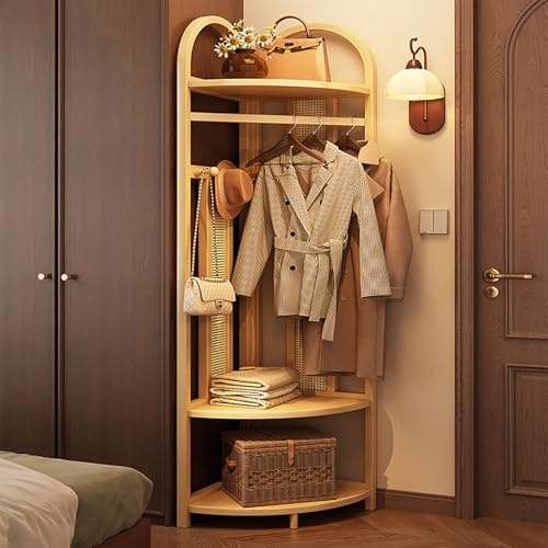 Banco de almacenamiento de esquina con perchero, árbol de pasillo con almacenamiento de zapatos y ganchos, bambú, resistente y estable para dormitorio, dormitorio y sala de estar