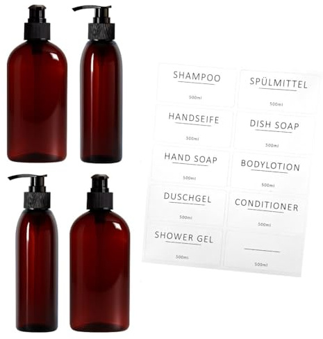 ISOLATECH Set med 4 Dispensrar 500ml för Badrum Ovala PET-Flaskor | i Brunt med Svart Pump - Påfyllningsbara för Duschgel, Schampo och Bodylotion - med 10 Etiketter