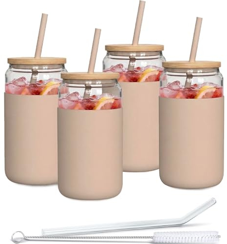 Aquafloow 4x Bicchiere con cannuccia e coperchio 500 ml | Bicchieri con rivestimento in silicone | Set di bicchieri con 2 cannucce e 1 bastoncino per la pulizia | Per tè, frullati, caffè - Beige