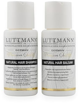 LUTTMANN® Kit de cuidado para pelucas y postizos, champú y bálsamo para cabello real, extensiones y extensiones de cabello, 2 x 50 ml tamaños de viaje