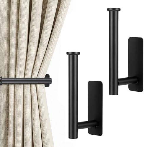 Solvio 2Pcs Adhesive Curtain Holdbacks No Drill,for Curtains,Window Drapery | Black Curtain Tie Backs Self Adhesive Curtain Holders Wall Mounted Tiebacks for Drapes, Home Office