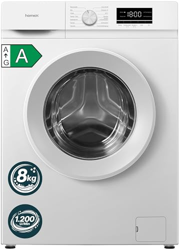 homeX Waschmaschine 8kg, Frontlader - 1.200 U/Min, Energieklasse A, AquaStop, Inverter Motor, 14 Programme, leise 74 dB, Startzeitvorwahl, Temperatur bis zu 90°C, Washing Machine, weiß, WF812K1A-W