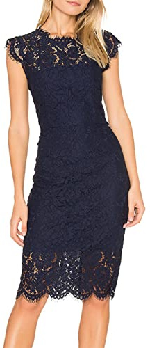 MEROKEETY Women's 2026 Lace Floral Midi Dresses Classic Elegant Party Dinner Photoshoot Dress, Navy, Medium