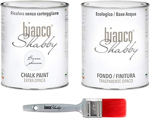CHALK PAINT Bianco Ghiaccio & FINITURA + PENNELLO - Pittura Shabby Chic EXTRA OPACA (1 Litro) + Finitura Trasparente Opaco (1 Litro) + 1 Pennello Pro 40 mm