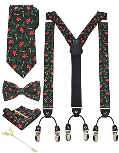 JEMYGINS Tirantes de Navidad para Hombre en 3.5cm Forma Y Ajustables Anchos con 6 Clips Fuertes y Set de Corbata Pajarita Pañuelo de Bolsillo en Caja de Regalo Negro-verde
