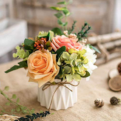 Konstgjorda blommor falska blommor silke rosbuketter dekoration med keramikvas för bord hem kontor bröllop (blandad färg – 4)