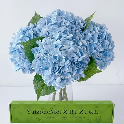 Yalzone 3 st 51 cm konstgjord graderad blå hortensia naturlig verklighetstrogen verklig känsla falsk enkel lång stam kunglig hortensia för hemmafest utomhus bröllop dekor konstgjord blomma brudbukett