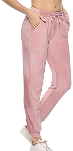 Aottori Velour joggingbyxor för kvinnor UK sammetsbyxor sweatpants damer vardag dragsko träningsoverall byxor med fickor hem sport yogabyxor svart L, Rosa, XXL