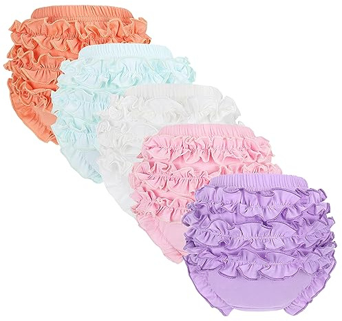 Poocen 5 Pack Ruffle Diaper Cover - Baby Bloomers, Cute Cotton Baby Girl Shorts,Ruffled Tiered Bloomers Elastic Briefs for Toddler Girls