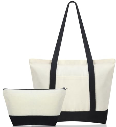 Invalidism Canvas Plain Tote Bag with Makeup Bag, White Tote Bag With Zip, Large Capacity Reusable Shoulder Handbag for Daily Shopping Travel Holiday Picnic