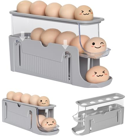 Guermok Rollender Eierhalter für Kühlschrank, 3-stöckiger Eier-Organizer, platzsparender Eierbehälter, faltbarer Eierspenderbehälter für Kühlschrank, Schrank, Arbeitsplatte (Grau)