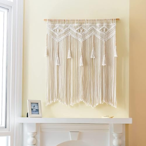 Syfunlv Arazzo da parete in macramè, grande macramè, geometrico, 110 x 105 cm, boho con nappe, decorazione da parete per camera da letto, soggiorno, decorazione da parete