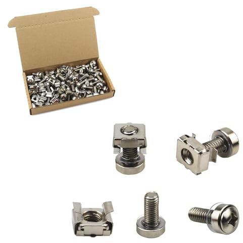 Gad2go 50 Pack Rack Mount Cage Nuts Screws and Washers Kit M6 x 20 mm Server Rack Screw and Cage Nut for Audio Server Shelves Cabinets,Silver