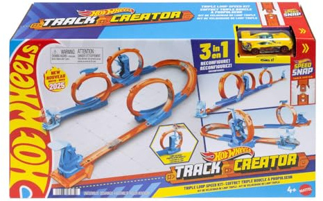 Hot Wheels Pack de triple looping Conjunto de pista con coche de juguete, conjunto con vehículo a escala 1:64 y componentes de construcción con 3 loopings, pistas Speed Snap y adaptadores, JDW39