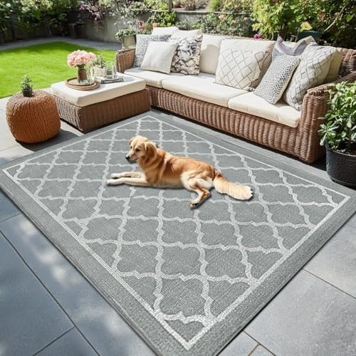 Outdoor Teppich Wetterfest & UV-beständiger, Herbst-Teppich für Terrasse, Garten und Camping, Wasserdichter & Rutschfester Außenteppich, Maschinenwaschbarer Balkon Teppich, 80x150 cm, Graue Gitter.