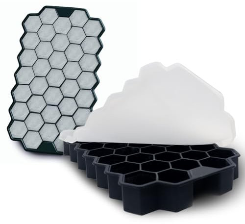 D&D FAMILY 74 Cubetti Ghiaccio Esagonali, Ghiaccio Per Cocktail, Stampo Ghiaccio Resistente Con Coperchio, Stampo Silicone Morbido BPA Free, Stampi Ghiaccio Impilabili, Facile Rilascio - Set da 2