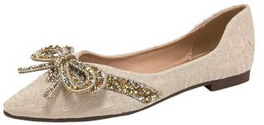OBiQuzz Loafer Women's Elegant Ballet Flats Evening Shoes Party Wedding Shoes with Bow Women's Shoes Flat Dress Shoes Ballerina Shoes Low Shoes Cosplay Costume Princess Shoes Lace Shoes, beige, 4 UK