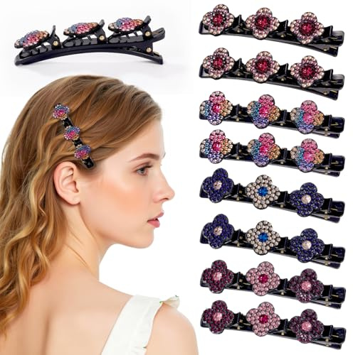 JSRQT 8 Pièces Pinces à Cheveux Tressées en Cristal, Strass Pince à Frange Double Couche à Motif Floral, Épingle à Cheveux Bec de Canard Femmes Filles, avec 3 Mini Barrettes Tressées, 4 Styles