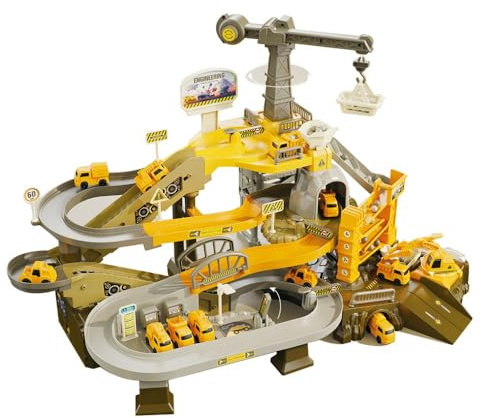 Mining area - Pista Cantiere Bambini con Camion e Ruspe – Giocattolo Costruzioni Educativo 3-8 Anni con Gru, Betoniere, Nastro Trasportatore e Scivolo Palline – Set Macchinine da Cantiere