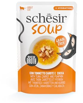 Schesir, Sopa con Filetes de Atún con Zanahorias y Calabaza, Cibo Húmedo Complementario para Gatos, Receta Original, 100% Natural, Cruelty-Free, 12 x 40g