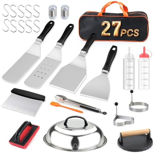 Hmseng 27pcs Griddle Accessories Kit for Blackstone, Professional Griddle Accessories Kit for Smash Burger Kit with Grill Spatula Set, Smash Burger Press, Basting Cover, Enlarged Spatula-B