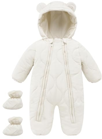 Maeau Combinaison de Neige Bébé Fille Garçon 6-9 Mois Grenouillère Hiver Nouveau Né Barboteuse à Capuche Snowsuit Vêtement de Ski Chaud Combi Pilote Jumpsuit Manteau Polaire Veste en Duvet Body Blanc