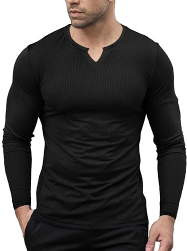 Agilelin Män, muskelskjortor, snygga långärmade slim fit, V-ringning, t-shirt, basic, termoundertröjor, Långärmad svart, L