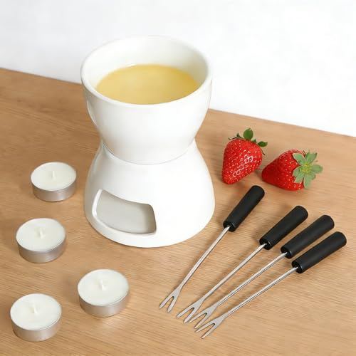 CAIEJSAEN Juego de fondue de cerámica de 400 ml, cuenco de cerámica con 4 velas y 4 tenedores, olla para fundir chocolate y queso, crisol de postre, recipiente para salsas