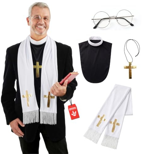 Fun Shack Disfraz Cura Hombre, Disfraz Halloween Hombre | Peto Negro, Collar con Cruz, Gafas & Bufanda, Estilo Clérigo, Perfecto para Halloween, Ideal para Disfrazarse